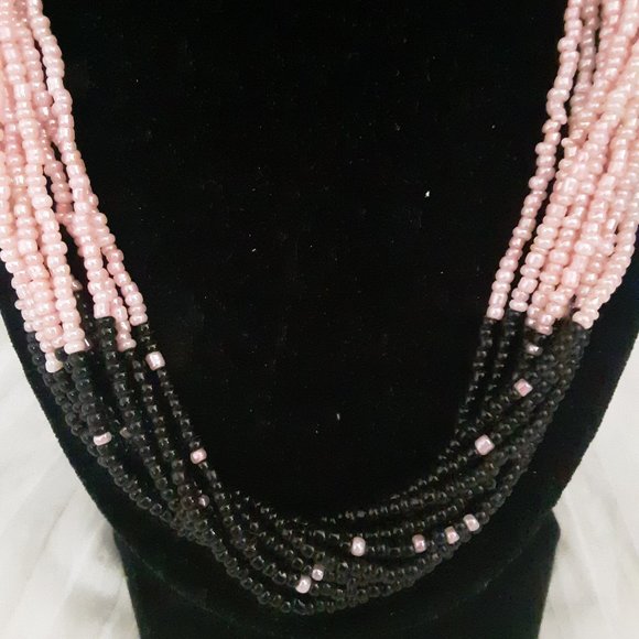 Seed Bead Pink Black Multiple Strand Necklace - Picture 2 of 9